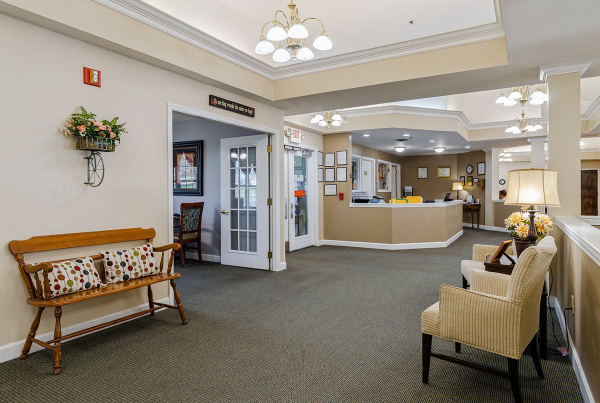 A welcoming lobby with comfortable seating and a reception desk.