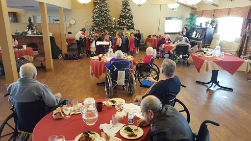 A festive holiday celebration with senior citizens enjoying a performance amidst decorated Christmas trees.