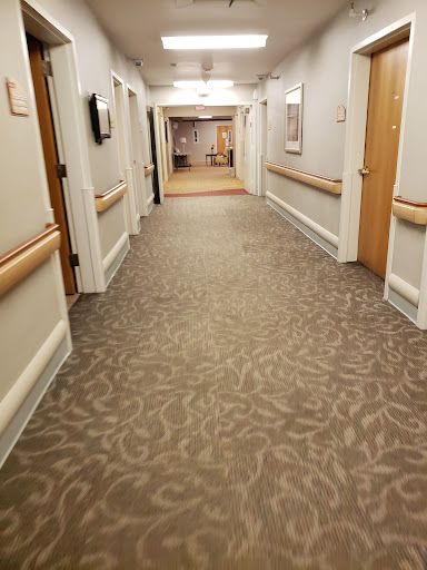 A well-lit hallway with patterned carpet and wooden doors.