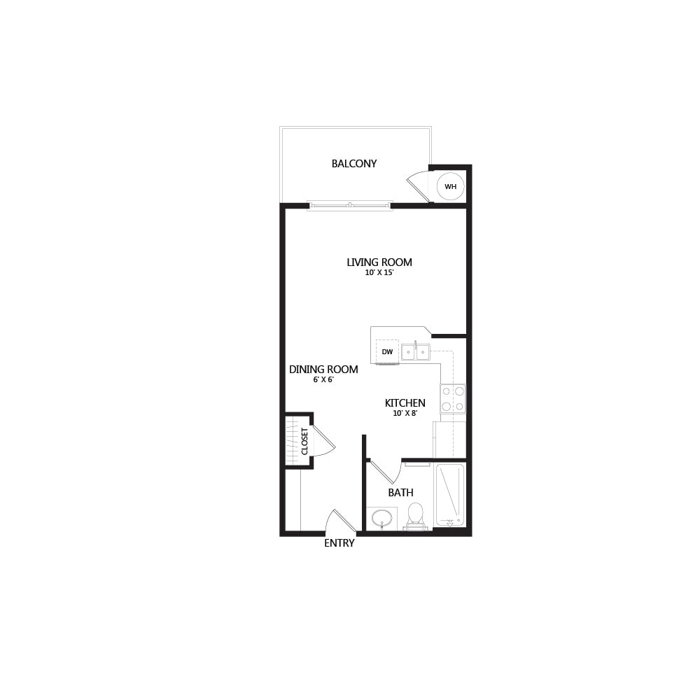 A schematic floor plan of a one-bedroom apartment.
