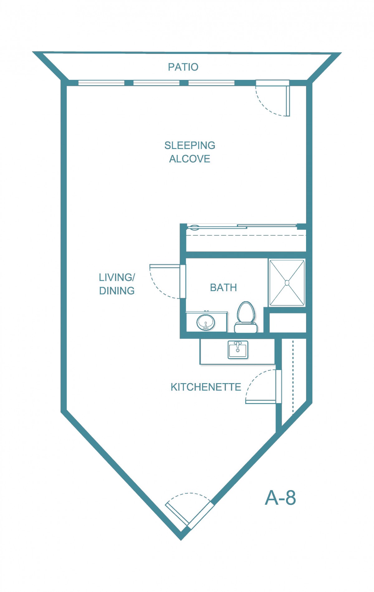 Studio apartment floor plan with a sleeping alcove, living/dining area, kitchenette, and bathroom.