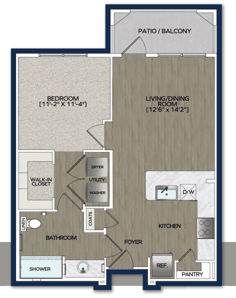 A floor plan of a one-bedroom apartment, featuring a living room, kitchen, bathroom, and patio.