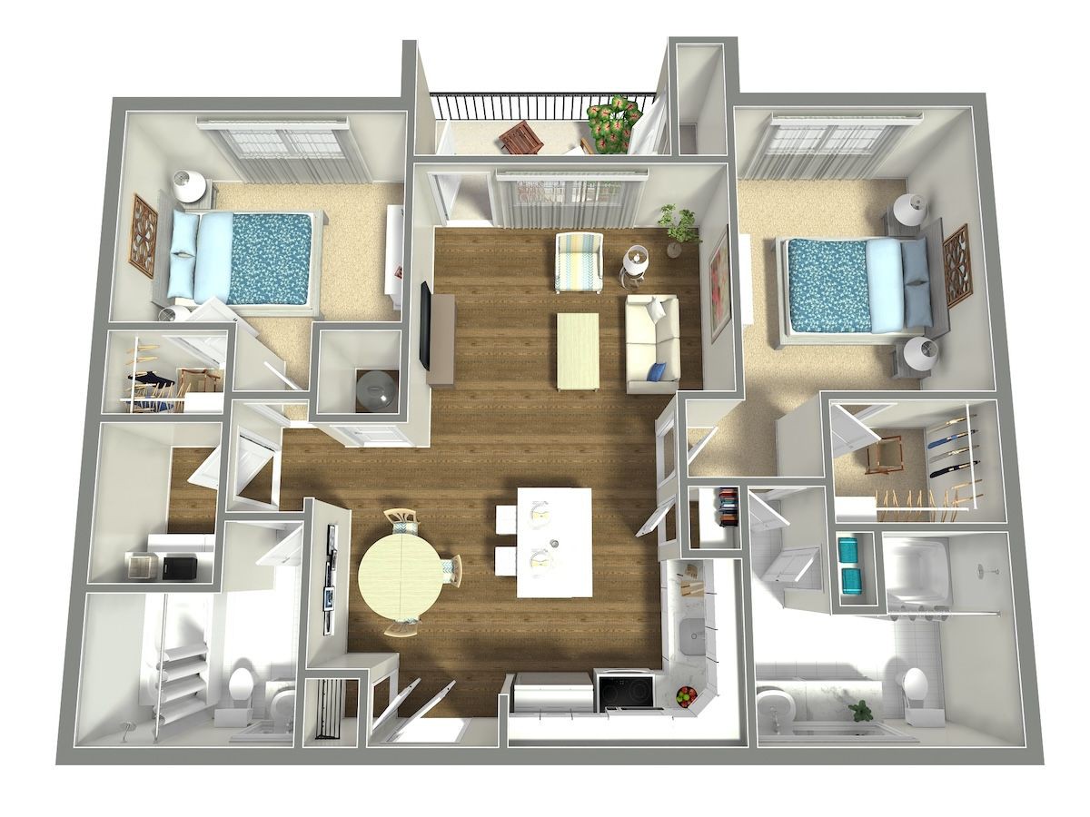 A 3D floor plan of a modern apartment with two bedrooms, a living room, kitchen, dining area, and balcony.