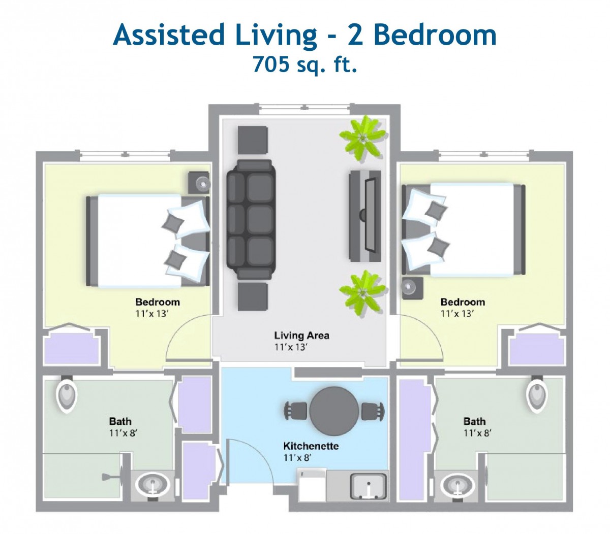 A floor plan for an assisted living unit with two bedrooms, covering 709 square feet.
