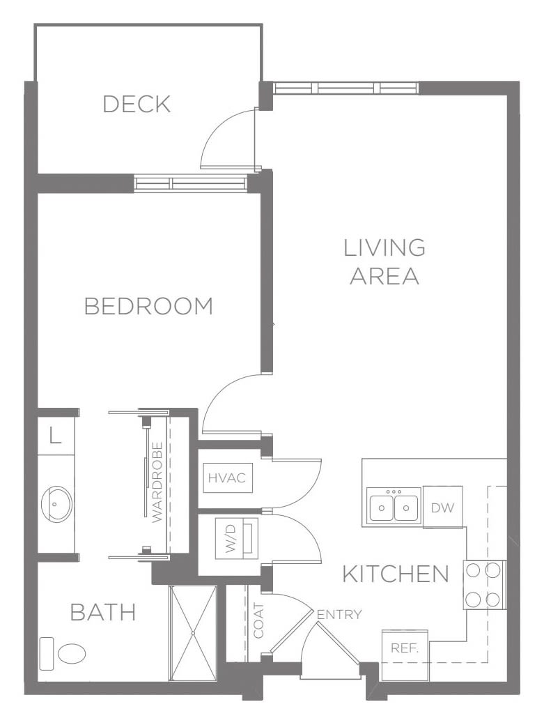 A floor plan of a one-bedroom apartment with a kitchen, living area, bathroom, and deck.