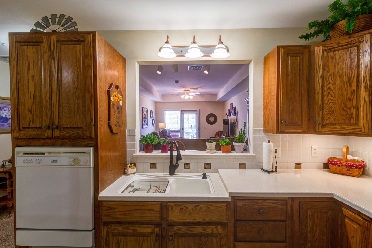 A cozy kitchen featuring wooden cabinets, a double sink, modern lighting, and decorative indoor plants.