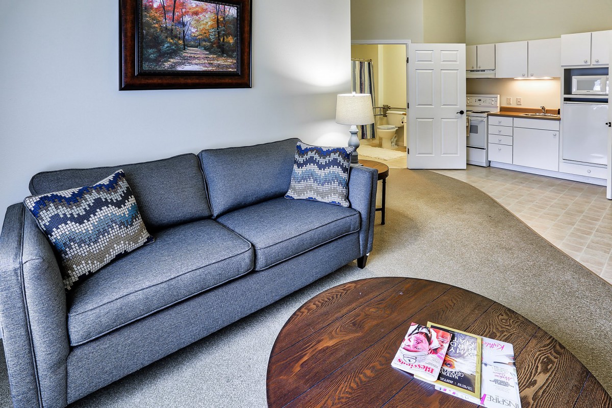 A cozy living room with a blue sofa, decorative cushions, and a wooden coffee table.