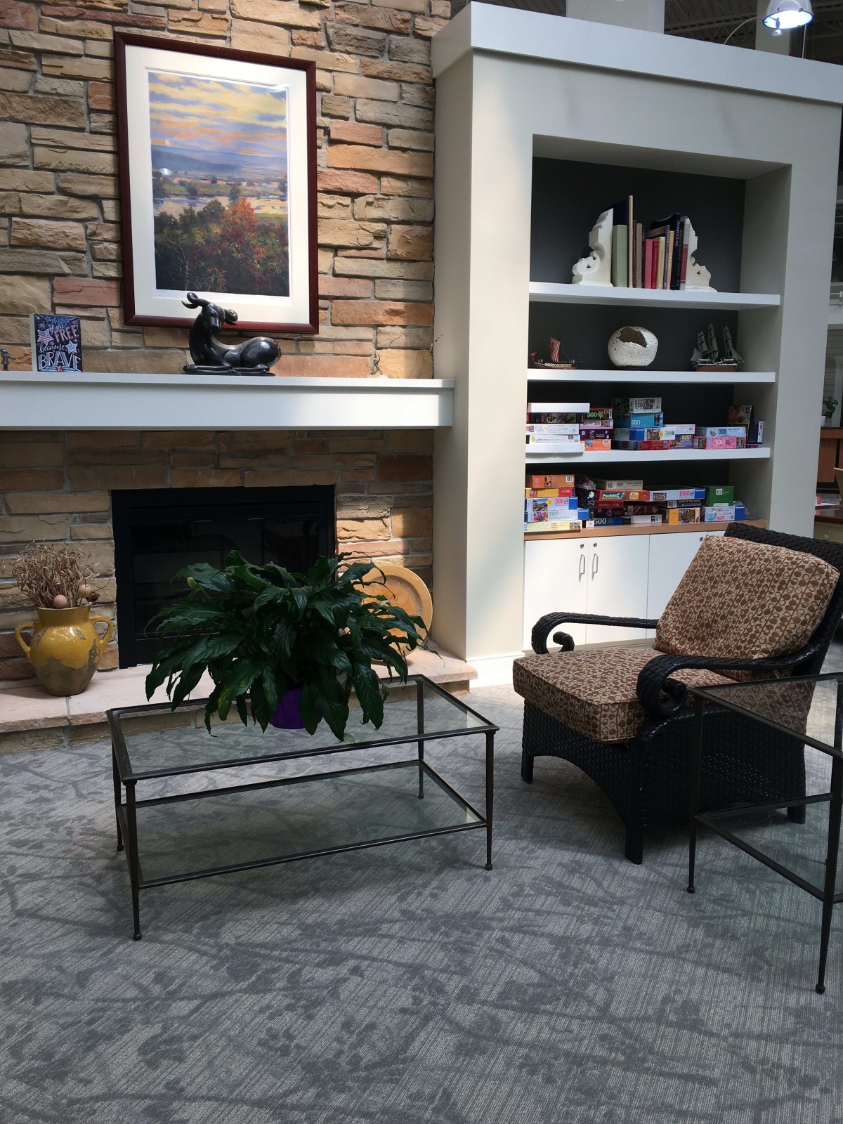 Cozy living room with a fireplace, armchair, and bookshelves.
