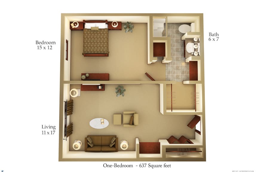 A 3D floor plan of a one-bedroom apartment measuring 615 square feet, featuring a bedroom, bathroom, kitchen, and living room.