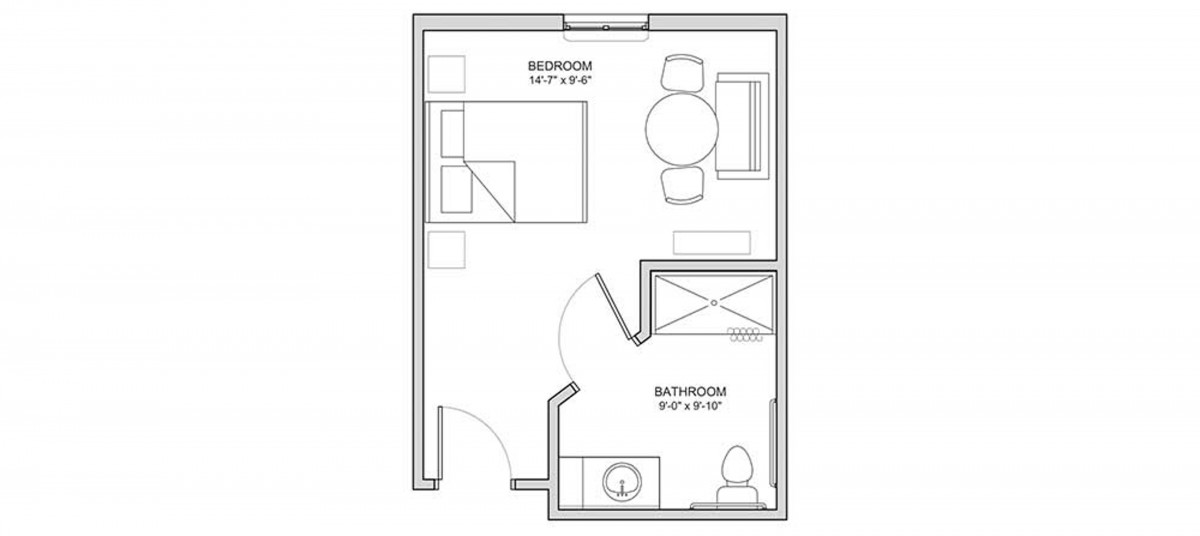 A simple floor plan showing a layout with a bedroom and an attached bathroom.