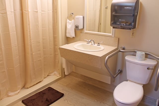 An accessible bathroom with a sink, toilet, and shower.