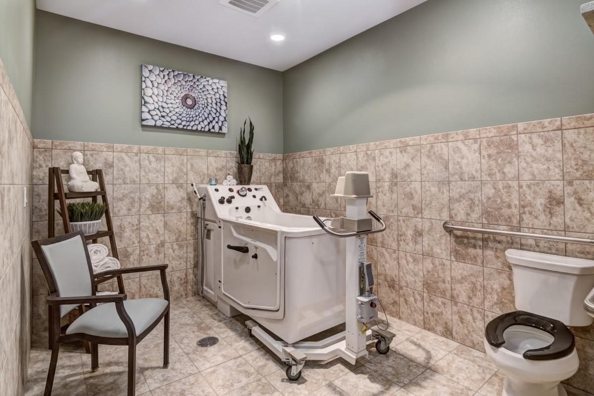 An accessible bathroom featuring a specialized bathtub designed for easy access and mobility support.