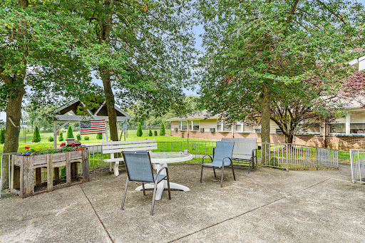 A serene outdoor patio area surrounded by trees, featuring a table and chairs for relaxation.