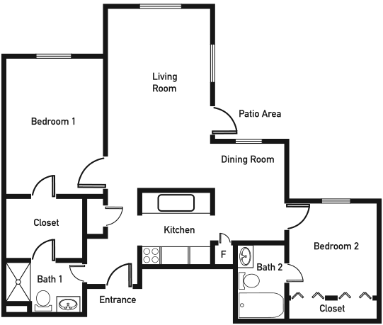 A floor plan layout of a two-bedroom apartment with living and dining areas.