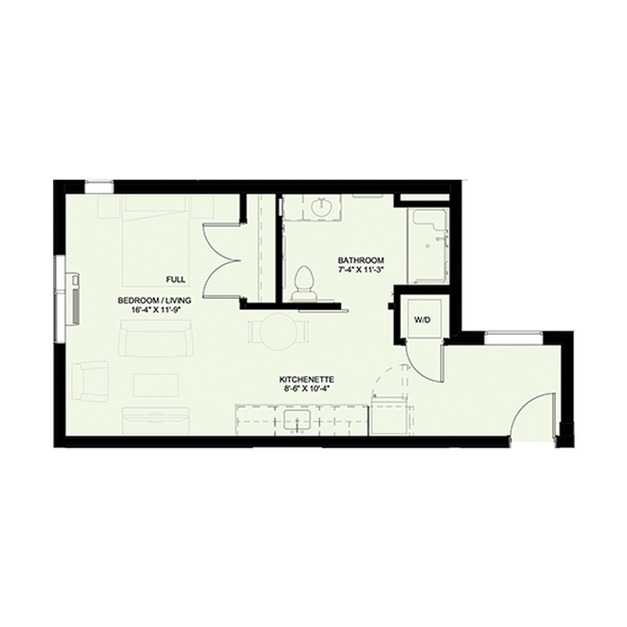 A floor plan of a small apartment featuring a bedroom, bathroom, and open living-kitchen area.