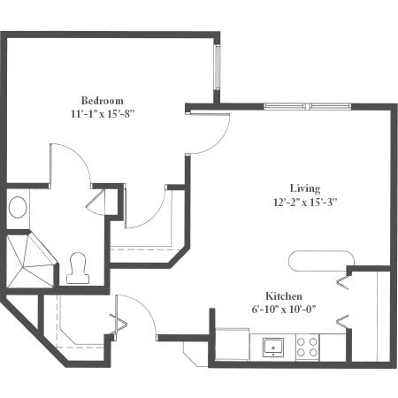 A floor plan of a one-bedroom apartment showing the living area, kitchen, bedroom, and bathroom.