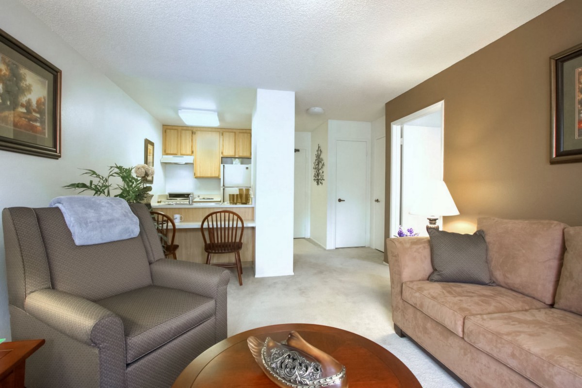 A cozy living room with sofas and a coffee table, connected to a kitchen area.