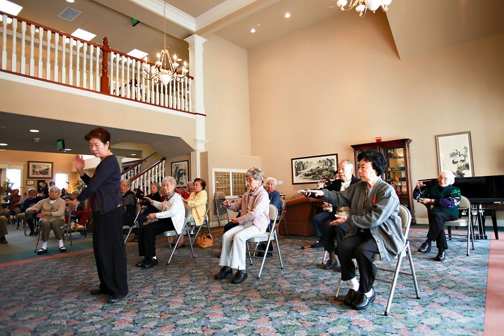 A group of seniors participating in an indoor exercise session.