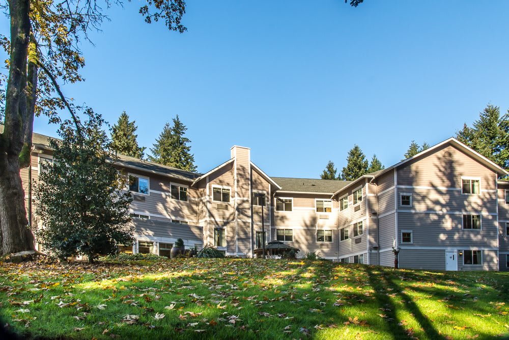 A residential apartment building surrounded by greenery and trees on a sunny day.