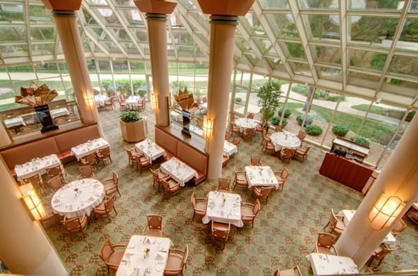 A spacious and elegant restaurant interior with natural light streaming through a glass ceiling.