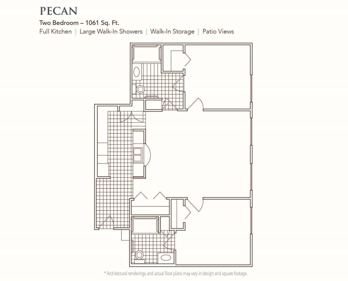 Floor plan of a two-bedroom apartment named 'PECAN' with features like tall chimney, large kitchen pantry, built-in storage, and patio access.