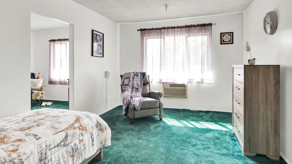 A cozy bedroom with an armchair and green carpet, receiving natural light from a window.