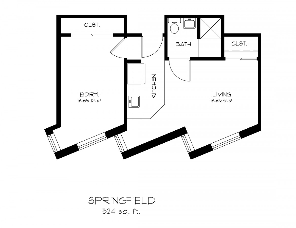 A detailed floor plan of a Springfield apartment with an area of 304 square feet, featuring distinct kitchen and living areas.