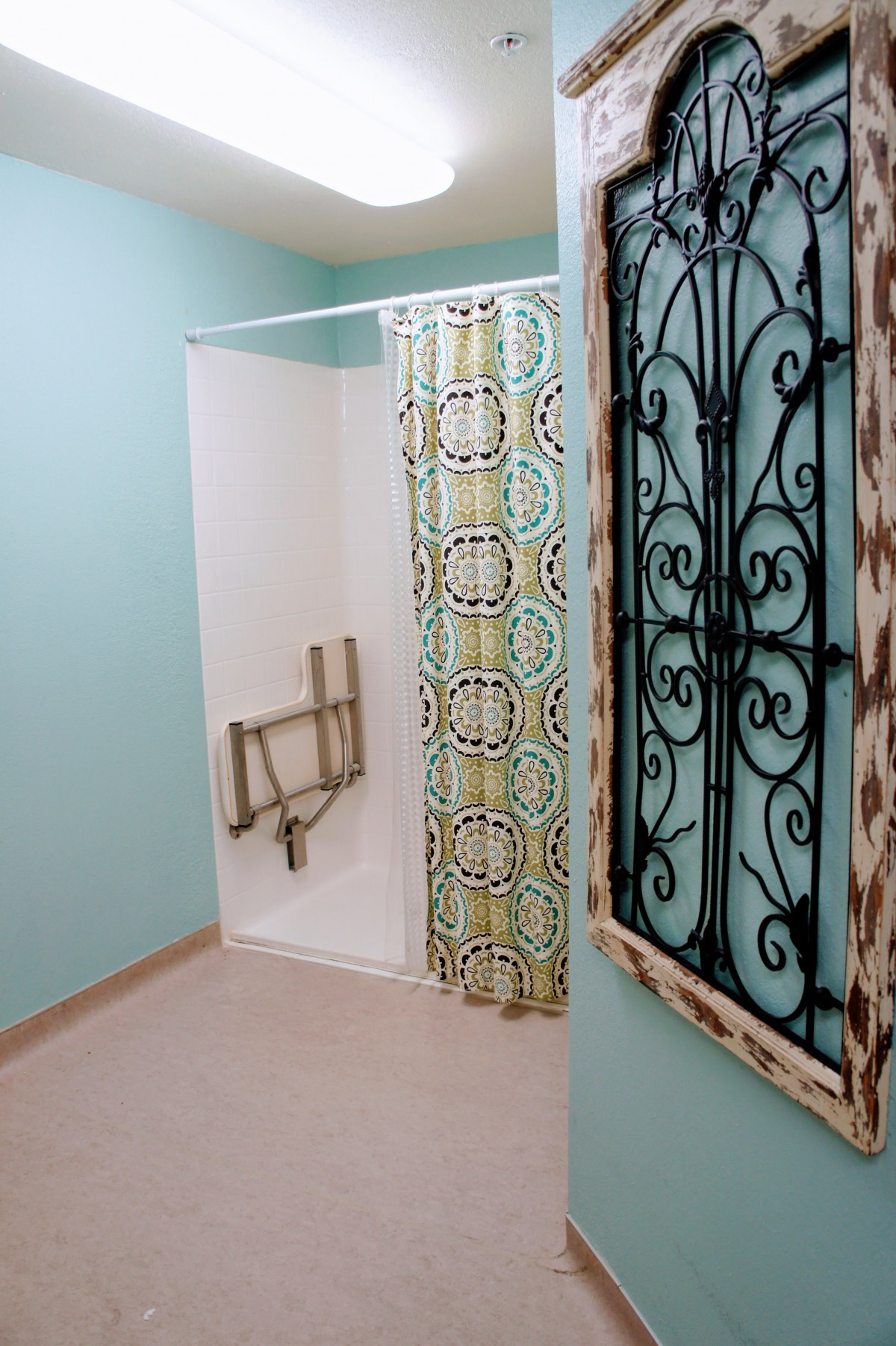 An accessible bathroom with a shower featuring grab bars and a patterned curtain, alongside a decorative wall piece.