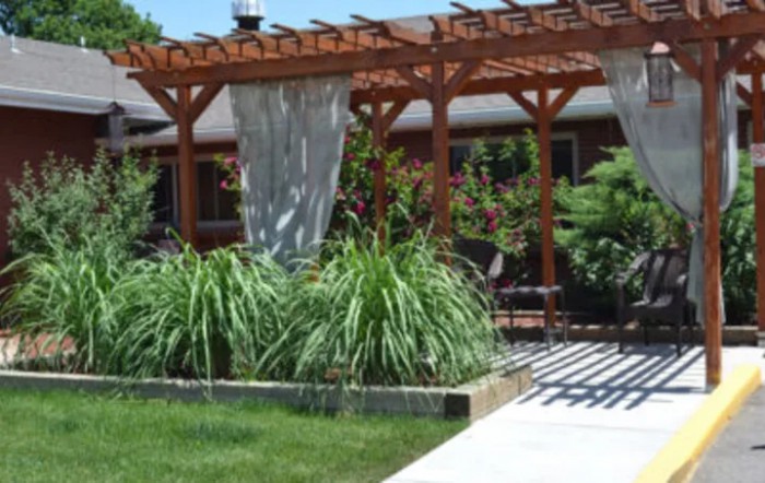 A backyard pergola with lush greenery and a cozy seating area.