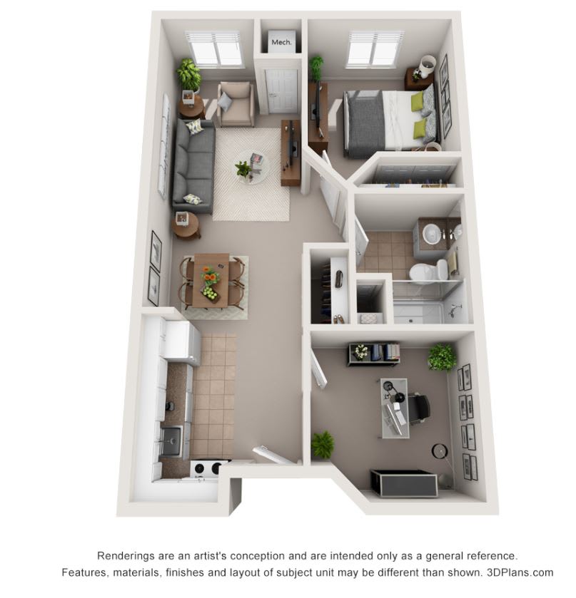 A 3D floor plan of a one-bedroom apartment featuring a living room, kitchen, and bathroom.