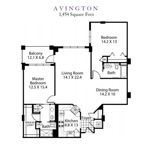 Floor plan of a two-bedroom apartment with a living room, dining room, kitchen, and balcony.