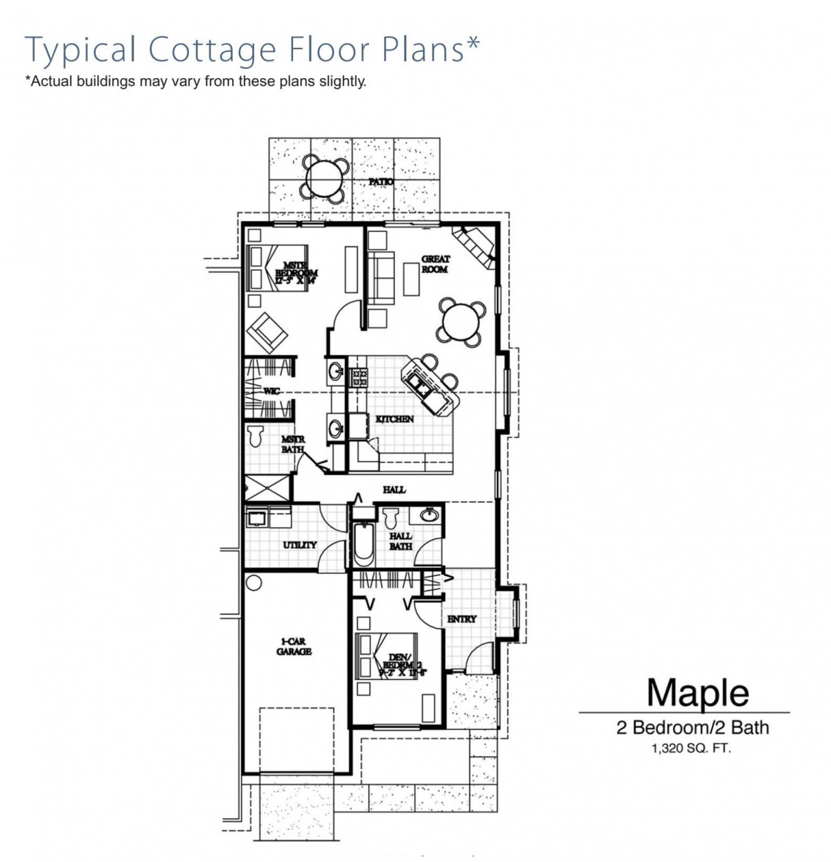 Floor plan of a typical cottage layout featuring two bedrooms and a bath.