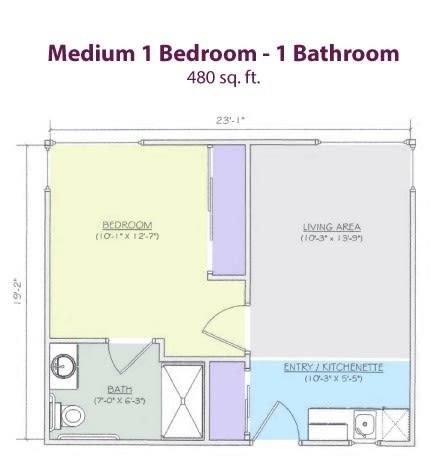 Floor plan of a medium-sized apartment with 1 bedroom and 1 bathroom.