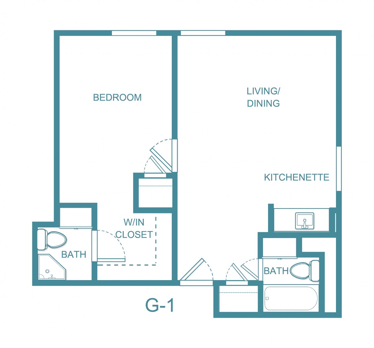 One-bedroom apartment floor plan with living area and kitchenette.