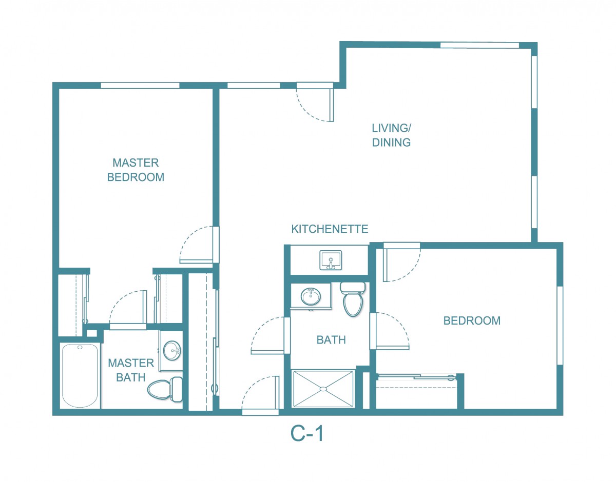 A blueprint of a two-bedroom apartment layout, featuring a master bedroom with an en-suite bathroom, a second bedroom, a shared bathroom, kitchen, and living/dining area.