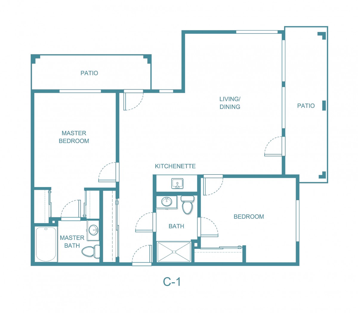 Floor plan of an apartment labeled as C-1 showing the arrangement of rooms.