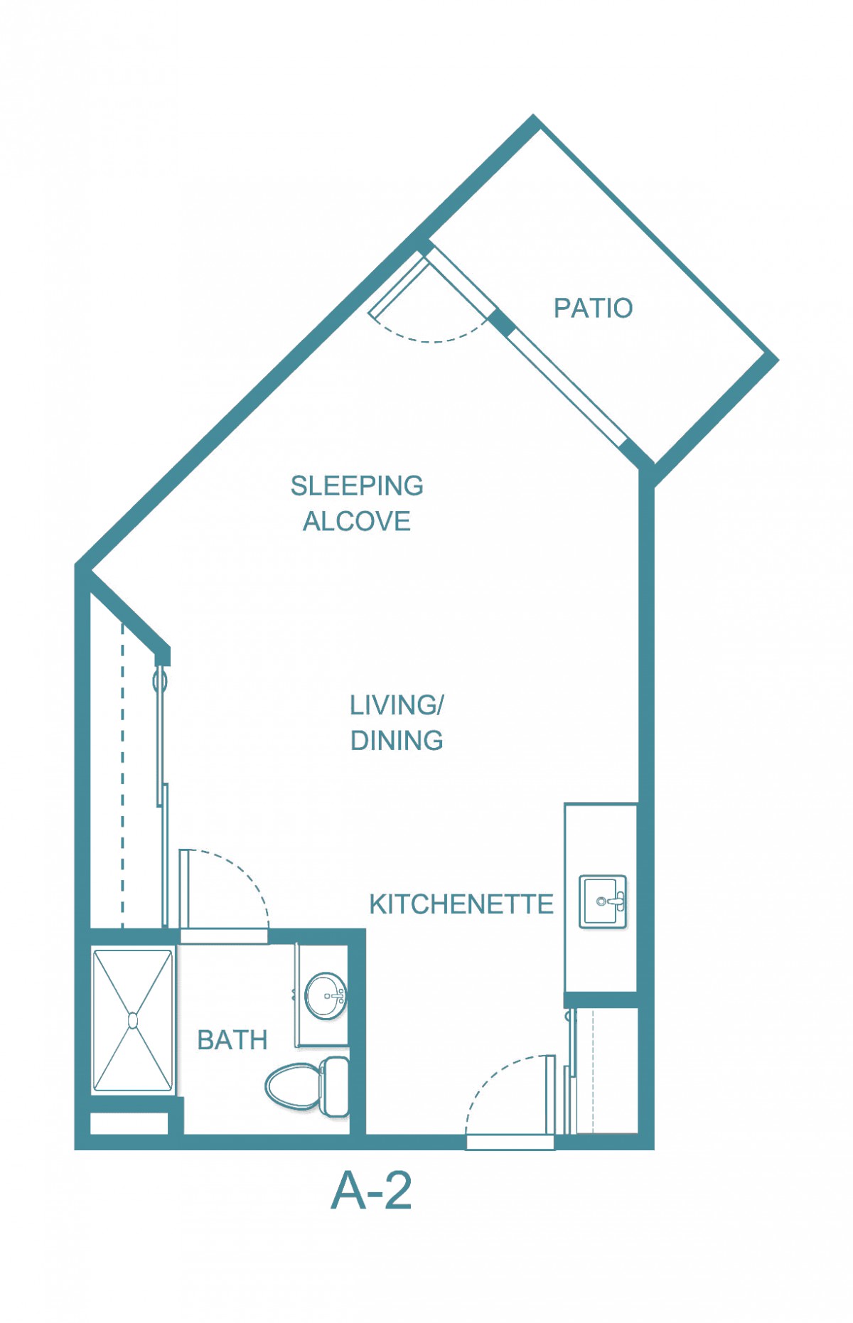 Studio apartment floor plan with a sleeping alcove, living/dining area, kitchenette, bath, and patio.