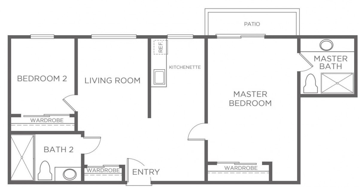 A simple floor plan featuring a living room, master bedroom, and patio.