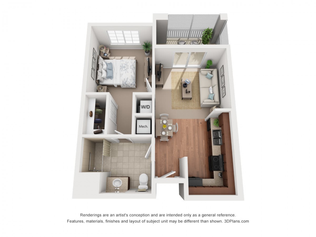 A 3D floor plan depicting a one-bedroom apartment with a living room, kitchen, and bathroom.