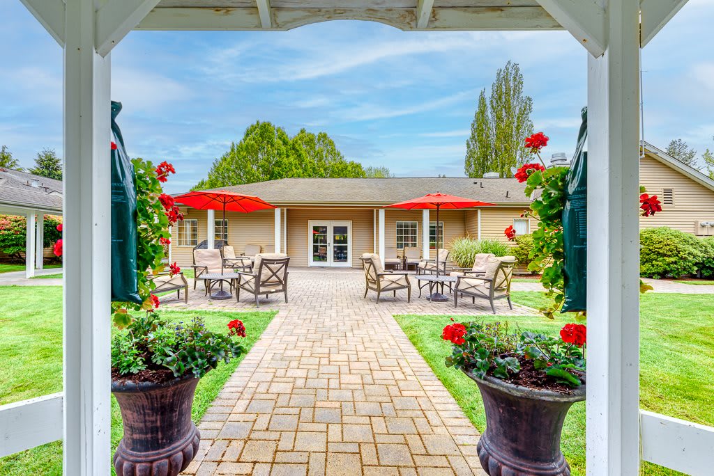 A charming garden patio leading to a house with outdoor seating and vibrant red flowers.