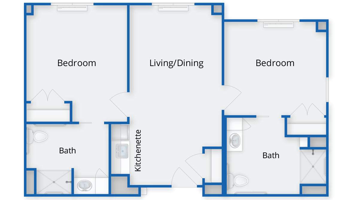 A two-bedroom apartment floor plan with a living/dining area and kitchenette.