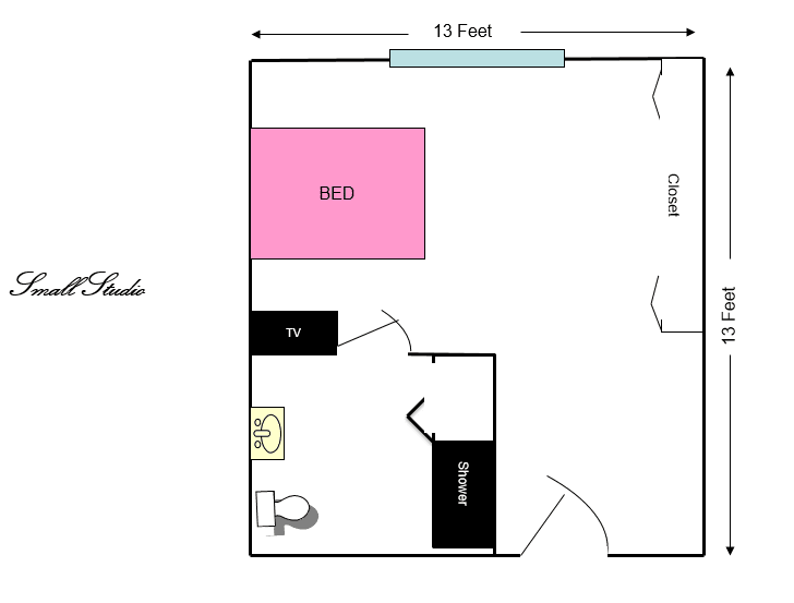 Floor plan of a room with bed, TV, closet, and bathroom layout.