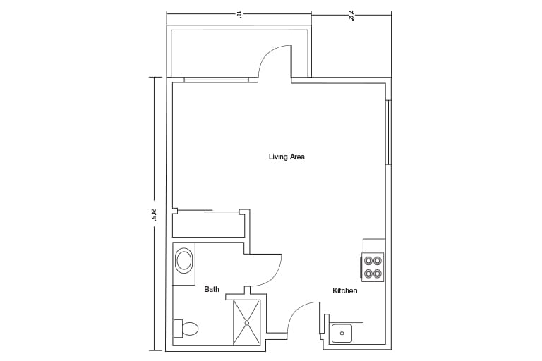 A simple architectural floor plan showing a small apartment with living area, kitchen, and bathroom.