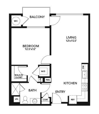 A one-bedroom apartment floor plan featuring a balcony, living room, kitchen, and bathroom.