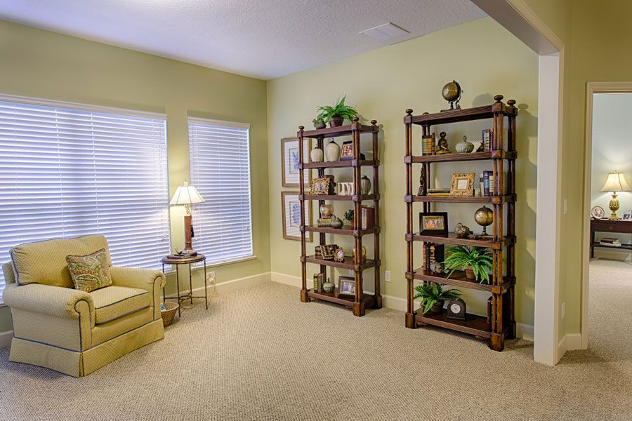 A cozy living room with bookshelves, a chair, and a lamp by the window.