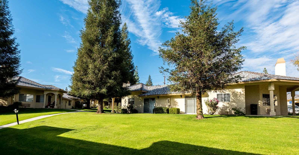 A suburban house with a well-maintained lawn and tall trees under a clear sky.