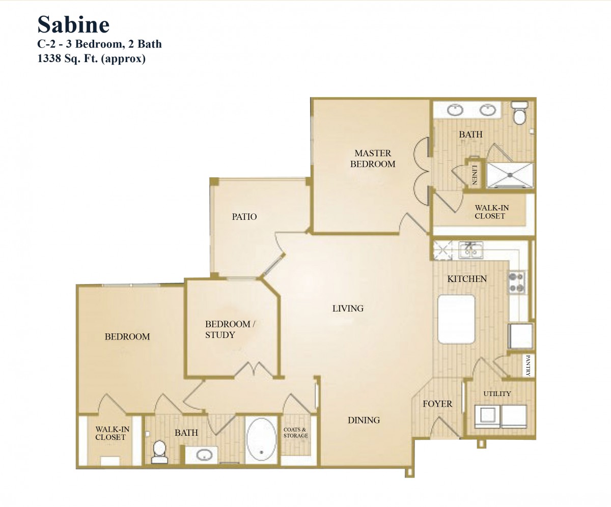 Architectural floor plan of a two-bedroom, one-bathroom apartment.