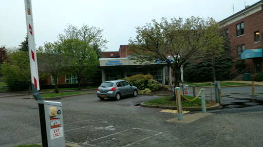 A view of a building with a parking lot surrounded by trees.