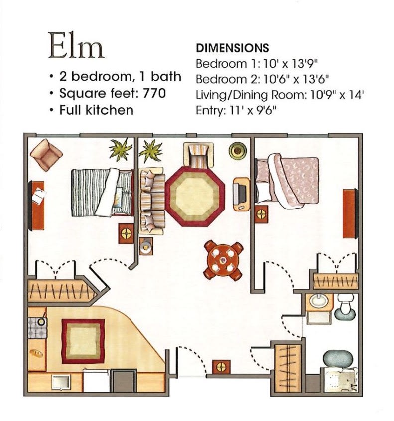 Elm apartment floor plan with 2 bedrooms, 1 bath, and full kitchen, totaling 770 square feet.
