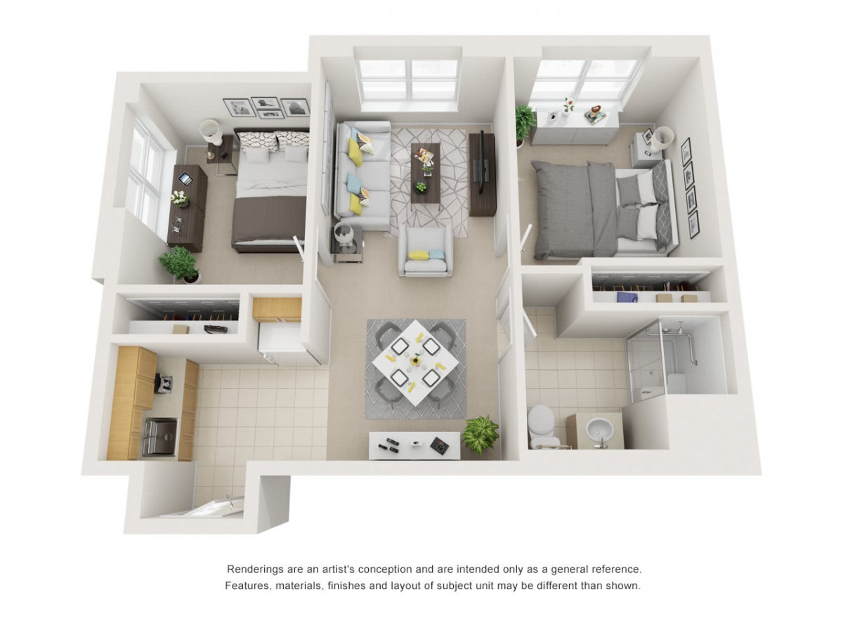 A detailed floor plan of a two-bedroom apartment featuring a kitchen, living room, and dining area.